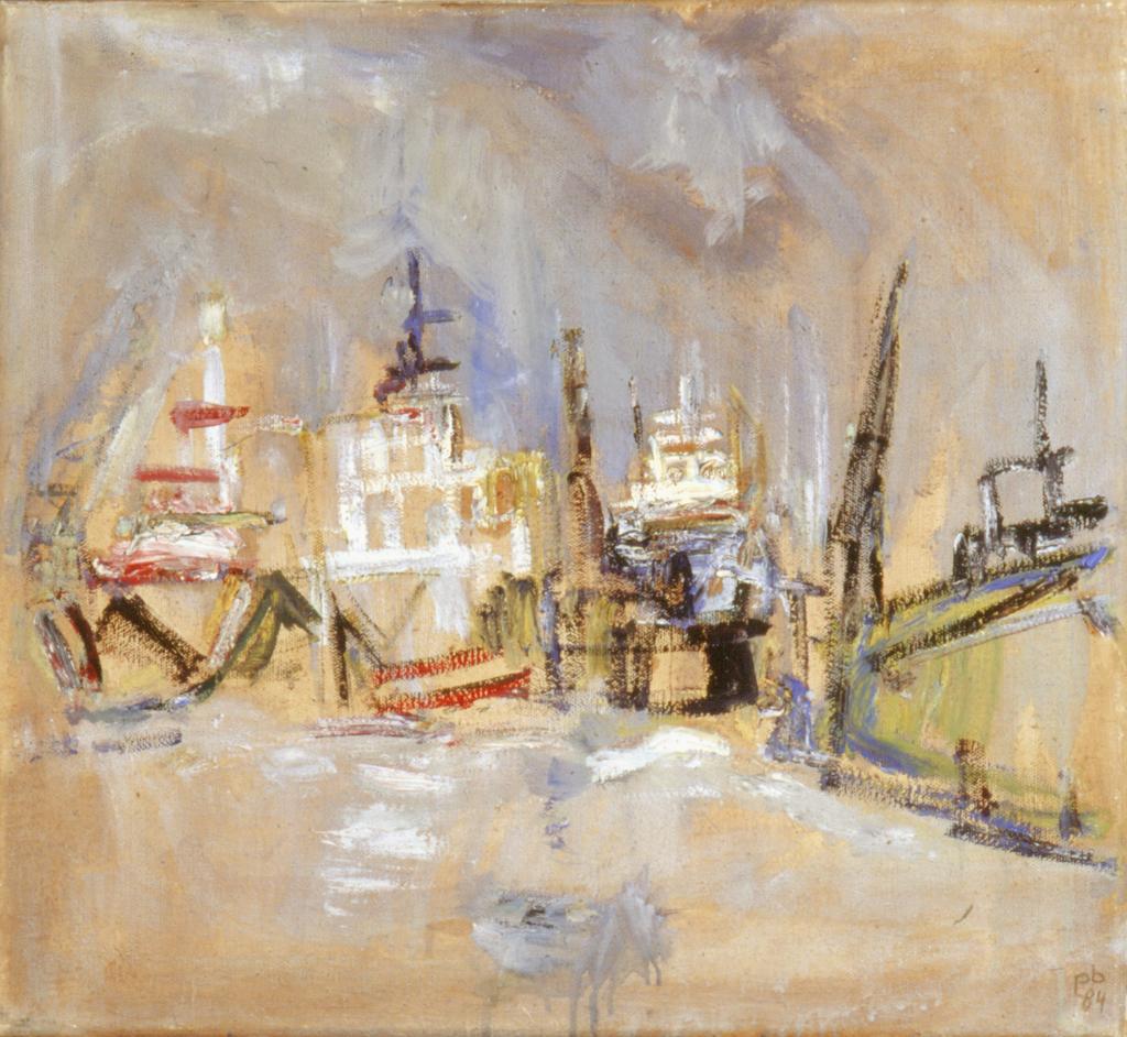 Schiff im Hafen, 1984, Öl auf Leinwand, 55×60, Katalog Seite 14