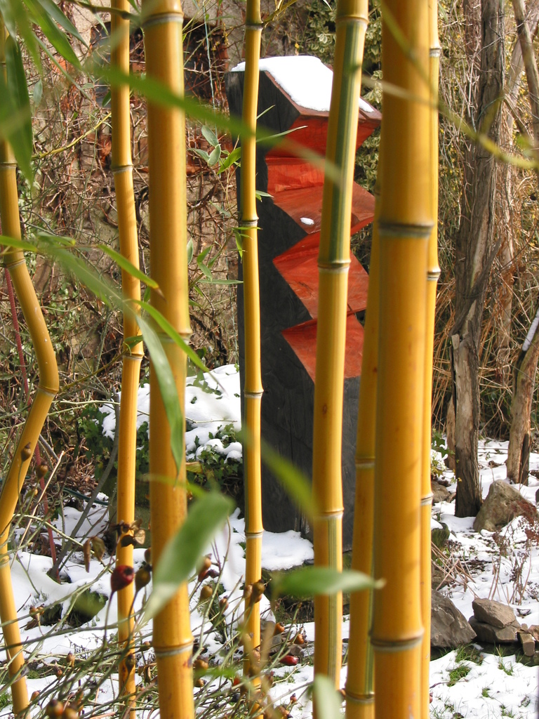 gelber Bambus mit Holzskulptur