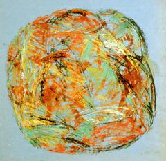 Runde Form, 1989, Tempera auf blauem Packpapier, 63x66, Katalog Seite 30