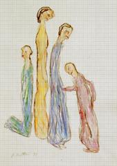 Vier gestreckte Figuren, 1999, Wachsstift, Aquarell auf Schreibtischunterlage, 42x30 , Katalog Seite 43