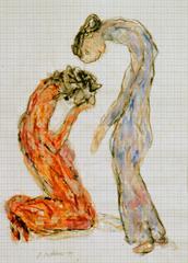 Ab- und Zuwendung, 1999, Wachsstift, Aquarell auf Schreibtischunterlage, 42x30, Katalog Seite 42