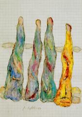 Figurationen mit Grüngelb, 1999, Wachsstift, Aquarell auf Schreibtischunterlage, 42x30, Katalog Seite 43