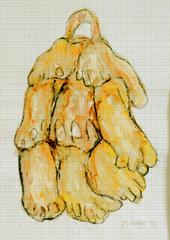 Fußtasche, 1999, Wachsstift, Aquarell auf Schreibtischunterlage, 42x30, Katalog Seite 40