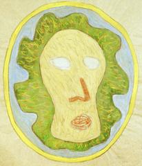 Kopf im gelben Kreis, 2000, Wachsfarbe, Aquarell, Silber auf Papier