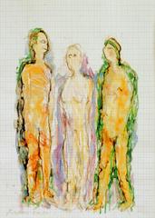 3 Figuren, 2000, Wachsaquarell auf Schreibtischunterlage