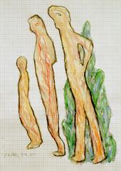 3 Figuren, 2000, Wachsaquarell auf Schreibtischunterlage