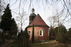 Gehölze setzen im Winter starke Kontraste. Blick zur Kirche.